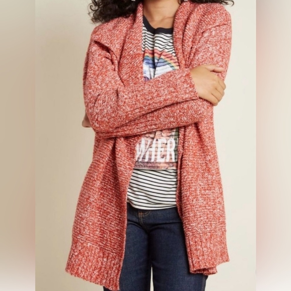 Modcloth orange marled cardigan knit sweater drape with pockets medium